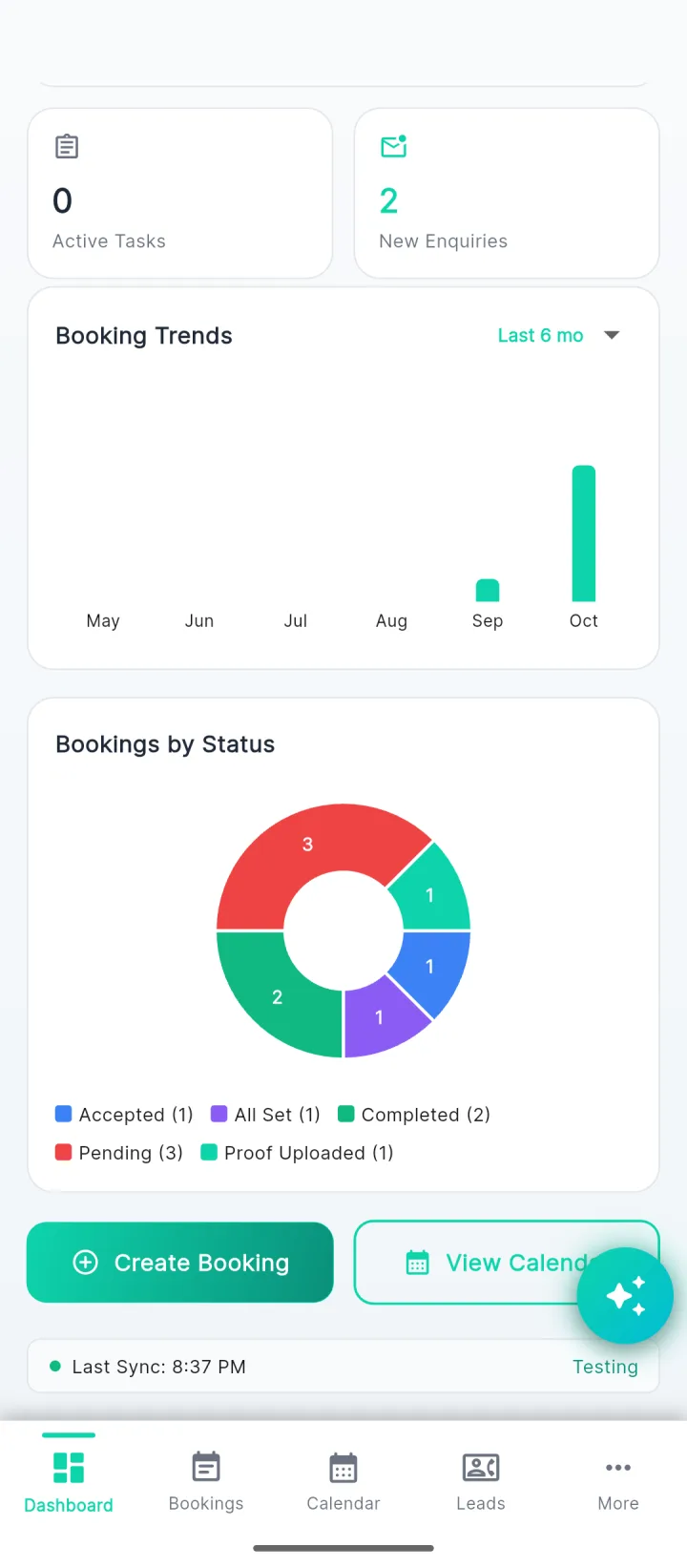 Booking trends and status charts in the Eventzloop app